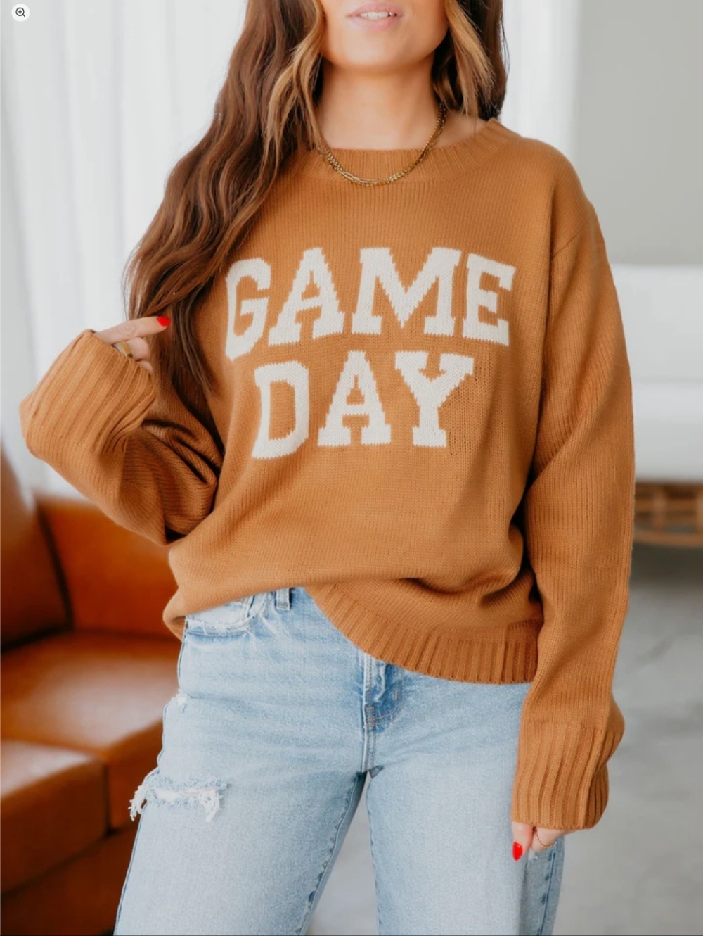 Boutique Game Day Crewneck Sweater in Camel Large. NEW - Panache Apparel